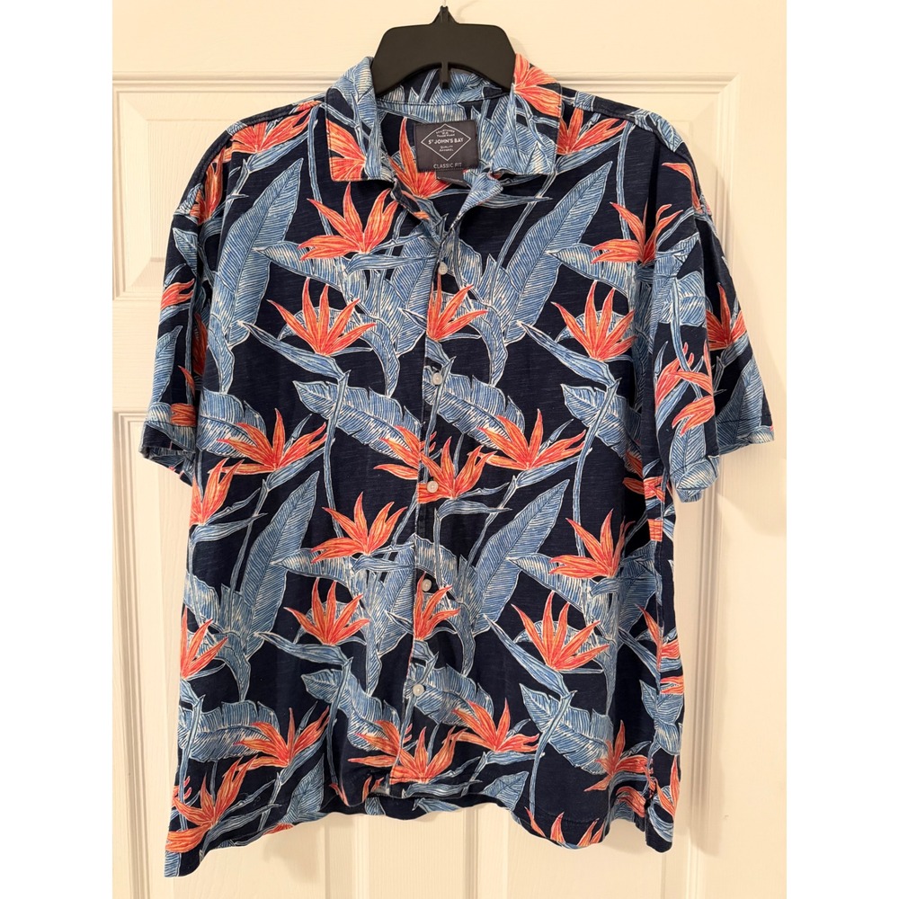 St Johns Bay Mens Hawaiian Classic Fit Tropical Bird‎ of Paradise Cotton Shirt